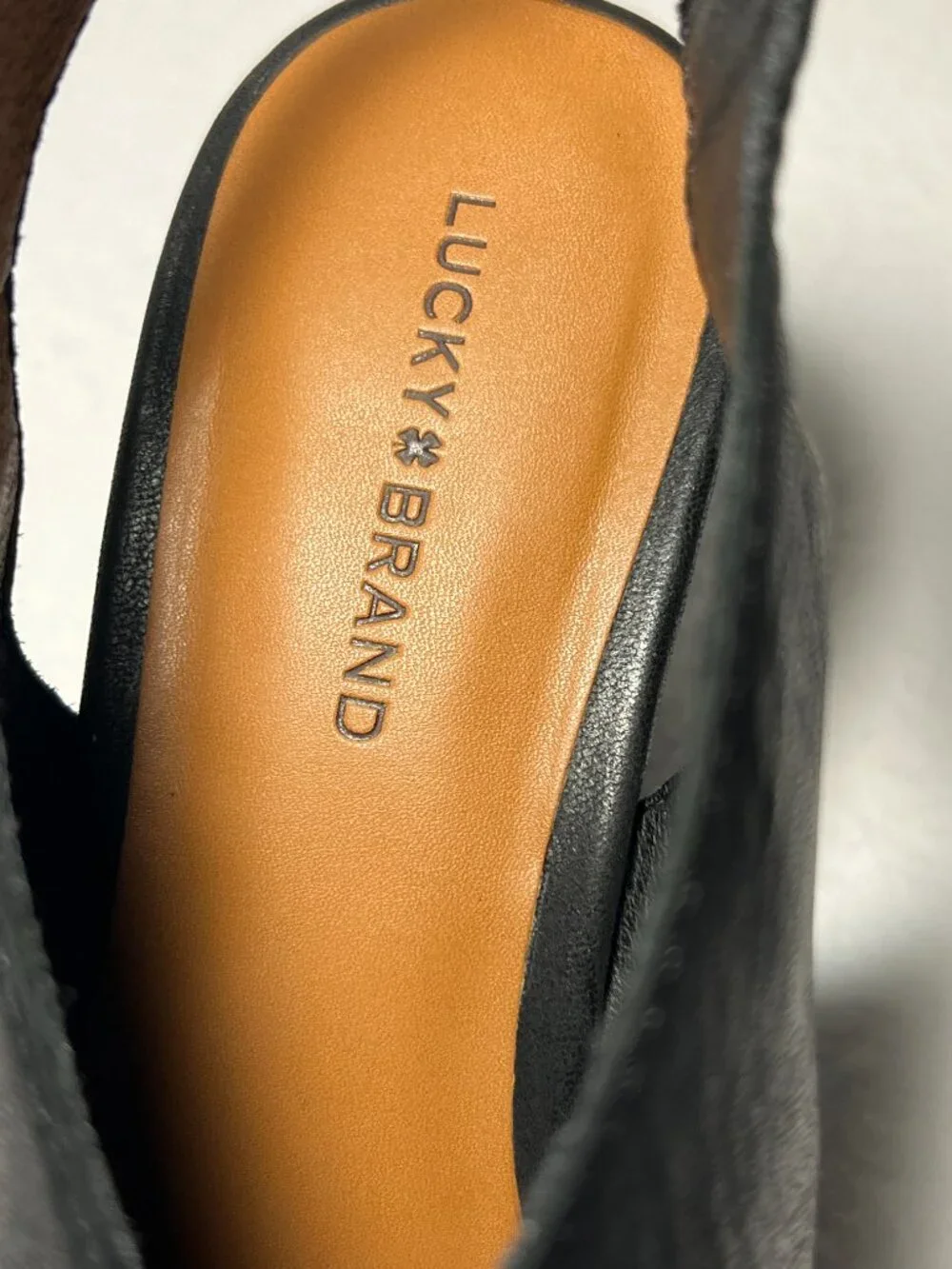 Lucky Brand Women’s 7.5M Black Lordyn Slingback Wedge Leather Open-Toe Peep Heel
